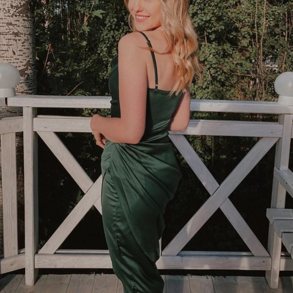 Emerald Green Spaghetti Strap Draped High Slit Tulip Skirt Satin Midi Dress - Picture 15 of 16